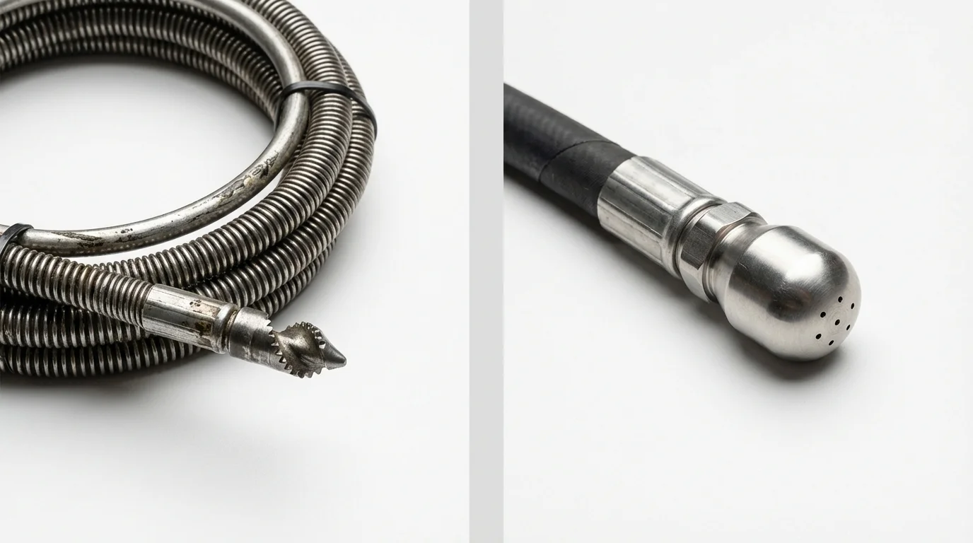 Drain snake cable and hydro jetting nozzle used for drain cleaning in Del Rey, CA