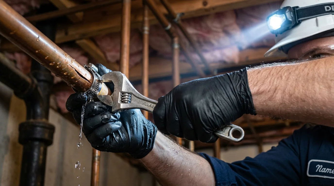 Emergency pipe clamp repair being performed by a Johns Plumbing LLC plumber in Del Rey