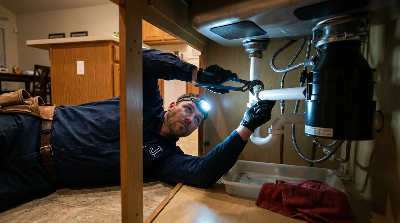 P-trap and supply line connections under a kitchen sink showing a common leak point in Del Rey, CA
